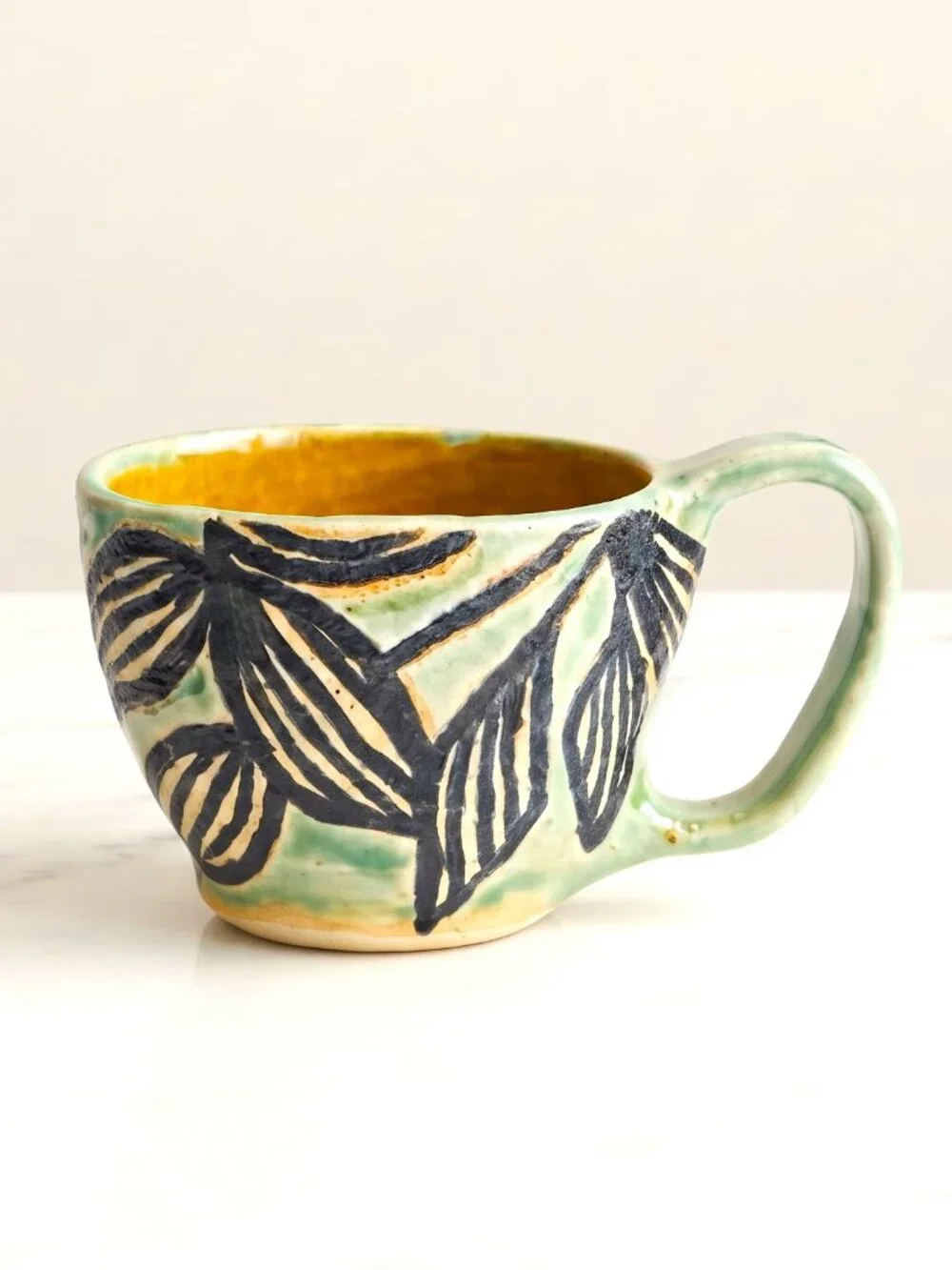 Handmade Signed Studio Art Pottery Mug Green Black Botanical Leaf Design 2.5